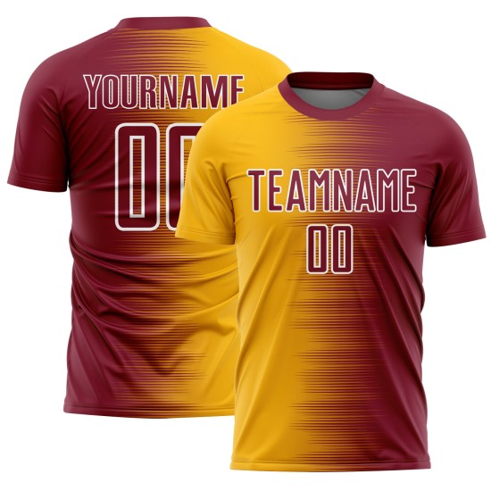 Maglia da calcio personalizzata con stampa a sublimazione Crimson Gold-White Gradient Line