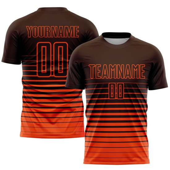 Maglia da calcio personalizzata con stampa sublimatica a righe marroni e arancioni sfumate